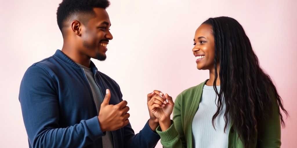 Diverse couple holding hands, vibrant colors.