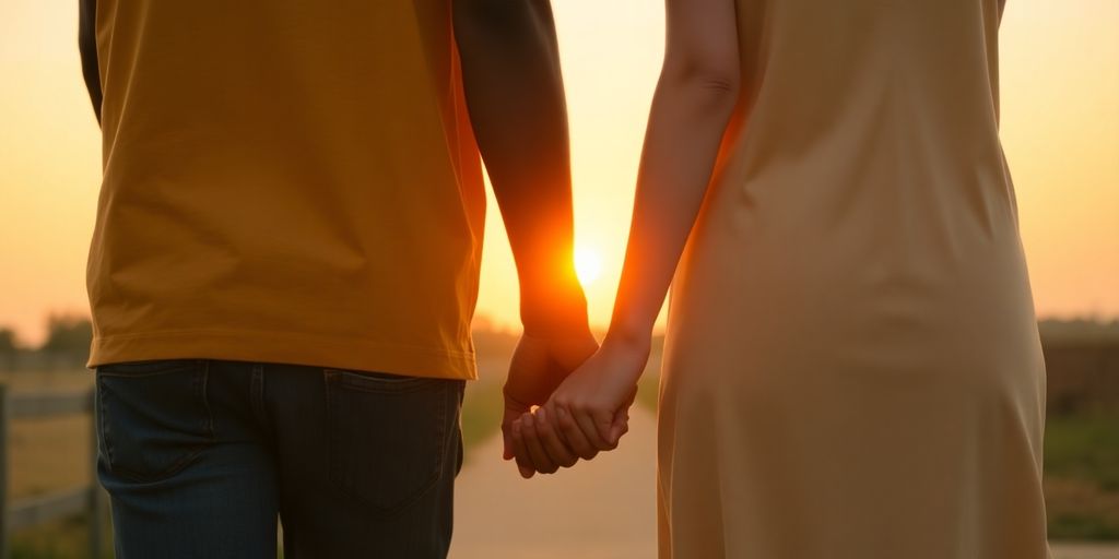Diverse couple holding hands, warm sunset.