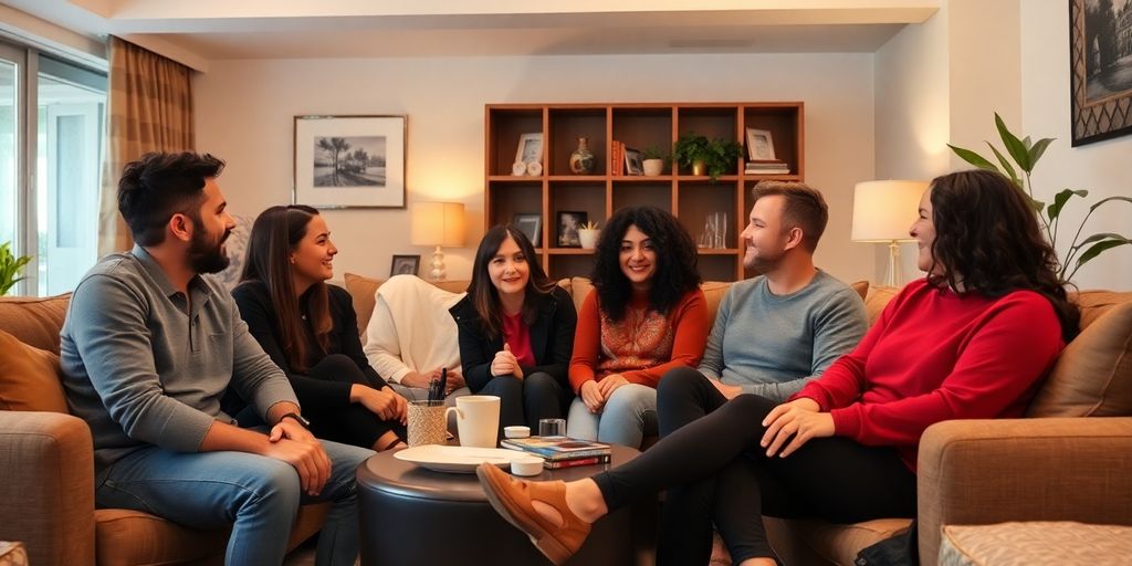 Diverse couple in a cozy living room.