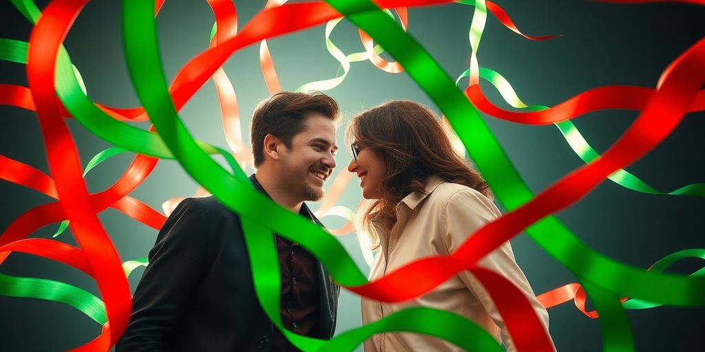 Diverse couple interacting with abstract colorful ribbons.