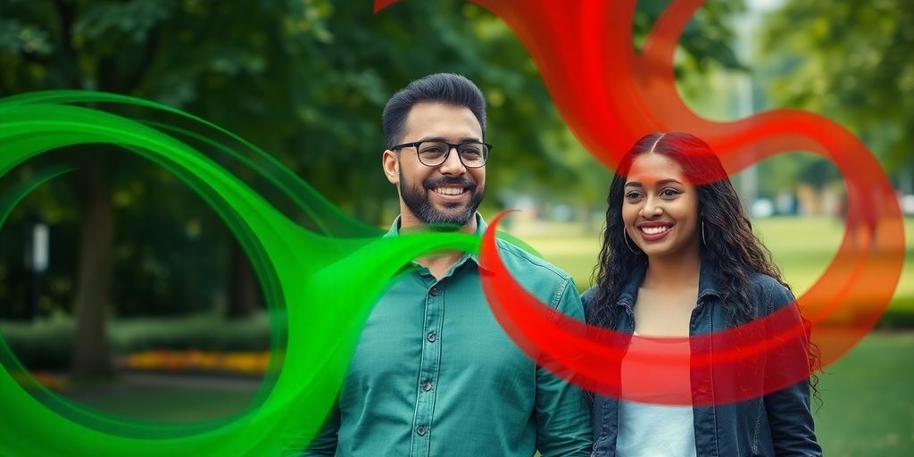 Diverse couple with colorful hearts in a park.