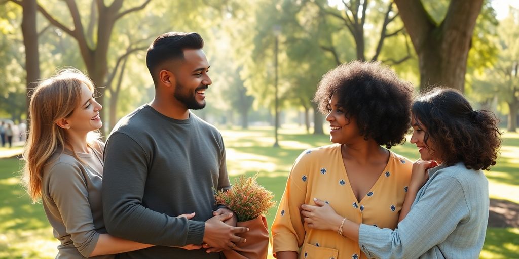 Diverse couples connecting warmly in a park setting.