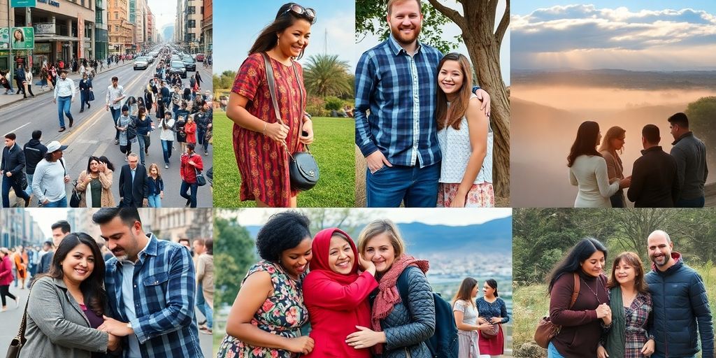 Diverse couples embracing in vibrant cityscapes and natural settings.