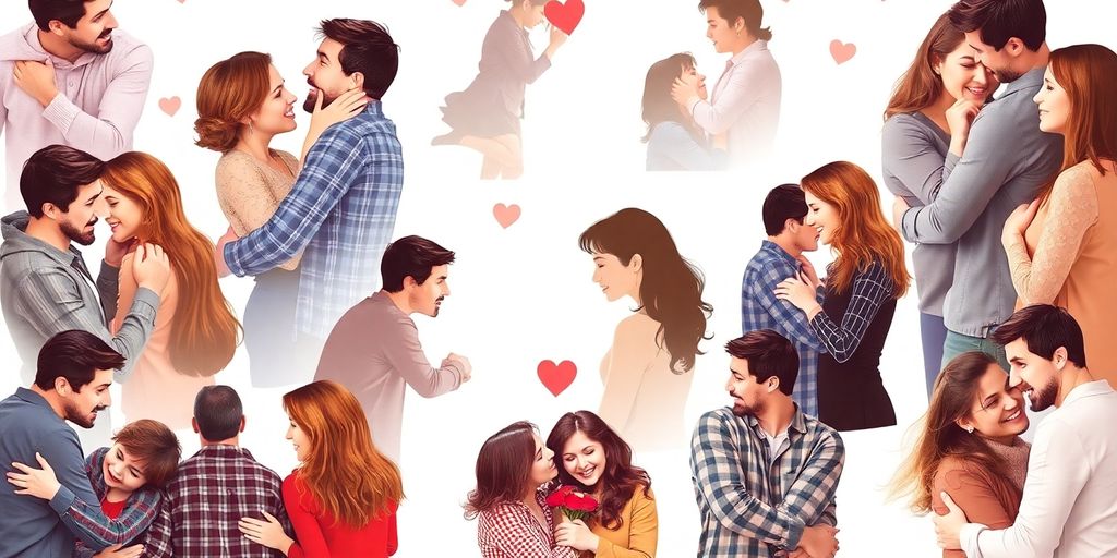 Diverse couples embracing interconnected relationships.