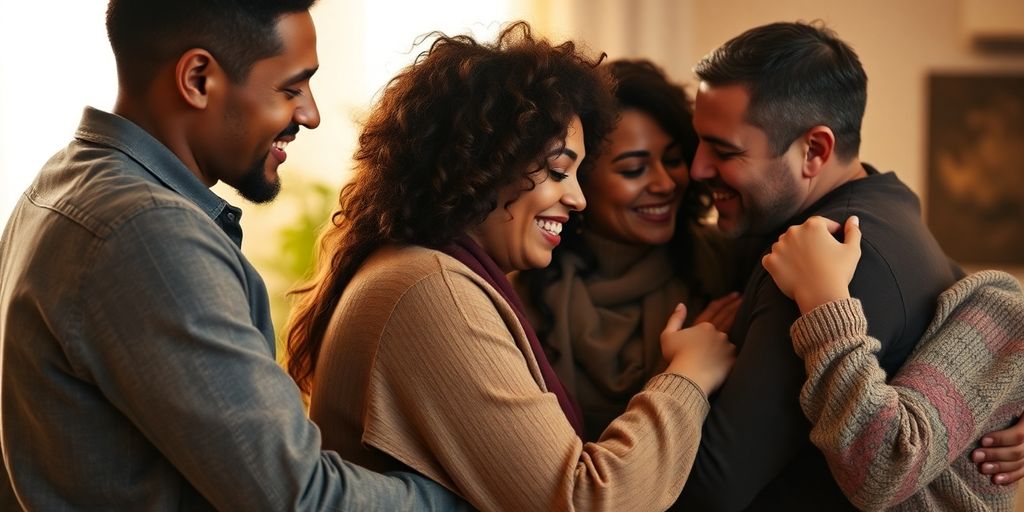 Diverse couples embracing, symbolizing connection and shared affection.