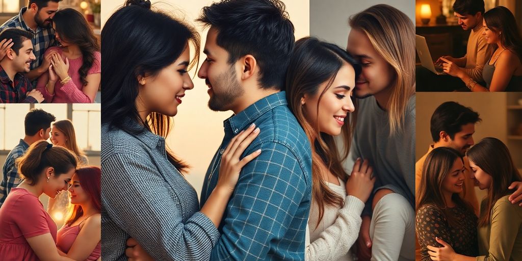 Diverse couples in loving embraces.