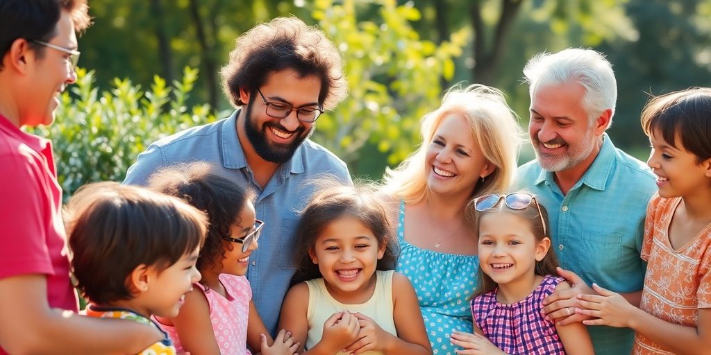 Diverse family enjoying time together in a sunny park.