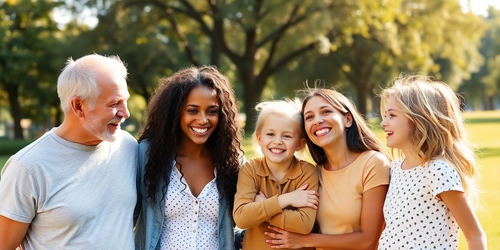 Diverse family group smiling together outdoors.