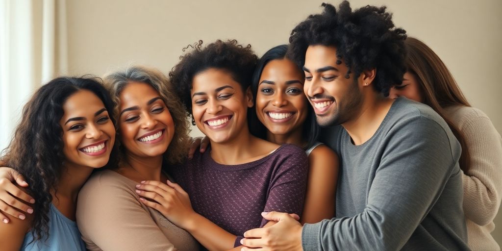 Diverse group embracing in affectionate connection.