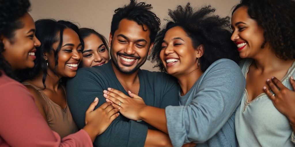 Diverse group embracing lovingly.