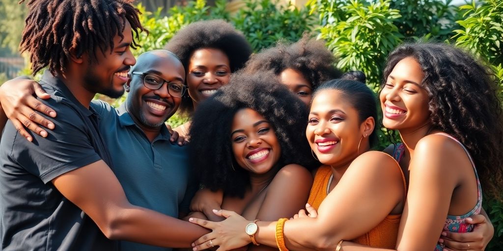 Diverse group embracing, radiating joy and connection.