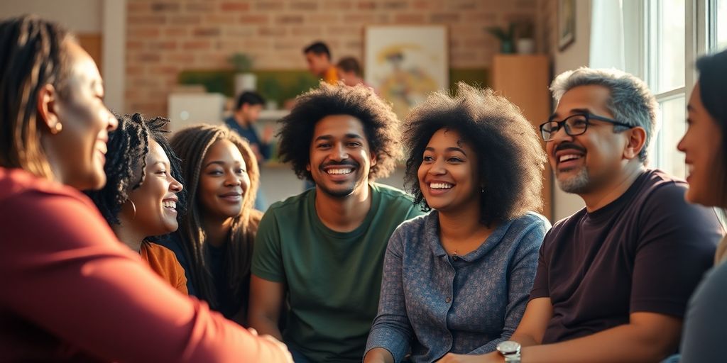 Diverse group enjoying community in a sunlit room.