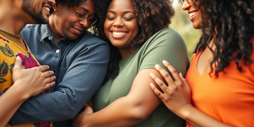 Diverse group in colorful attire, embracing each other.
