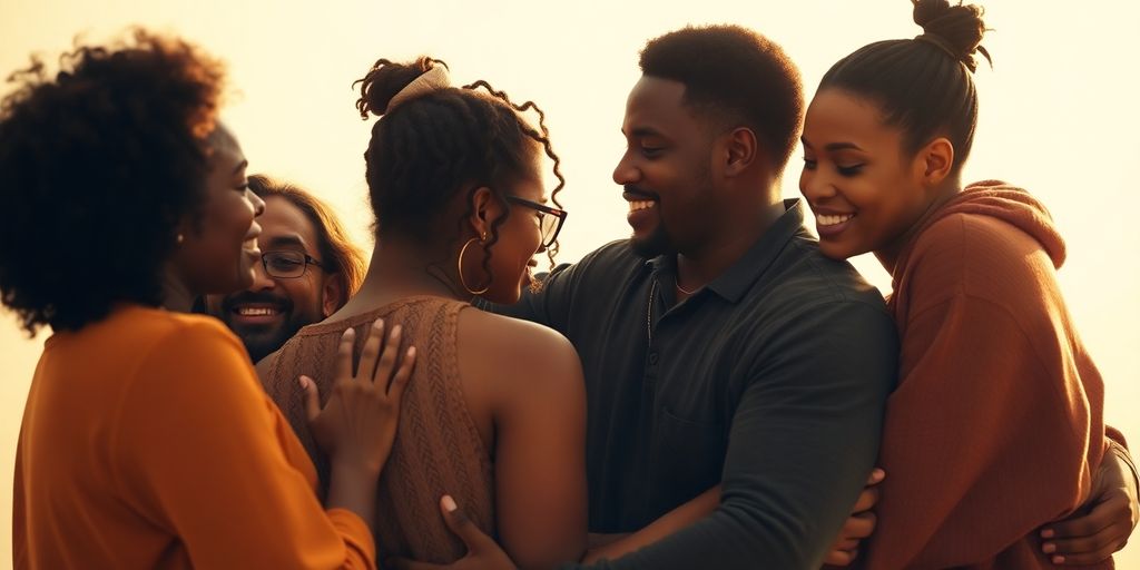 Diverse group in loving embrace, warm lighting.