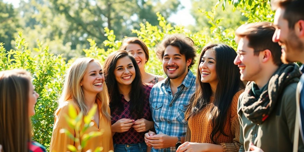 Diverse group laughing and connecting outdoors.