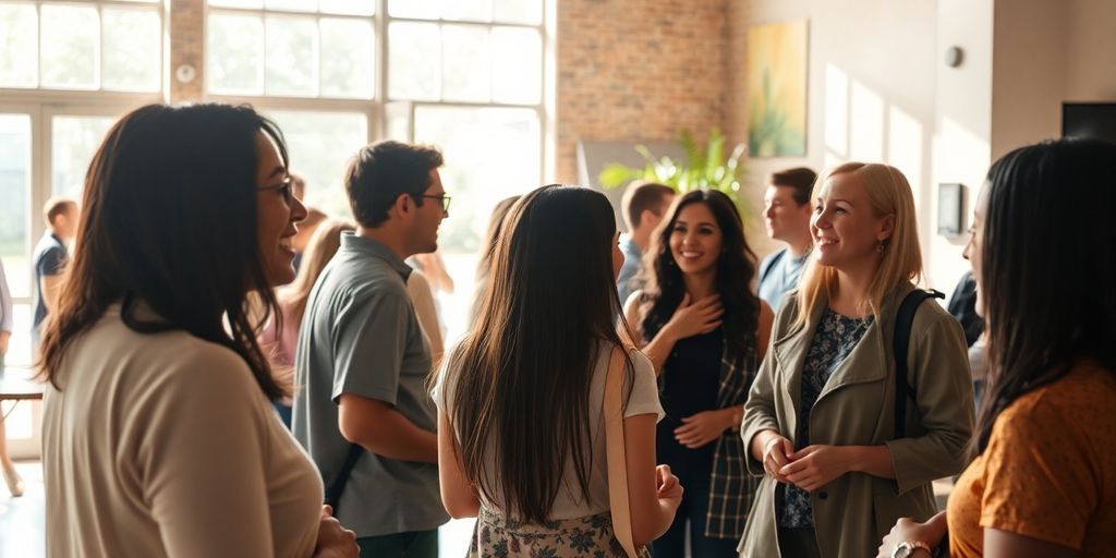 Diverse group navigating a brightly lit, open space.