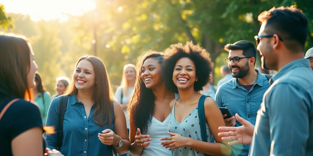 Diverse group of happy people connecting in a sunlit park.