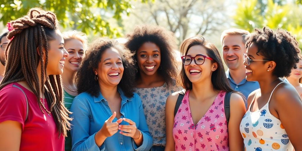 Diverse group of happy people connecting outdoors.