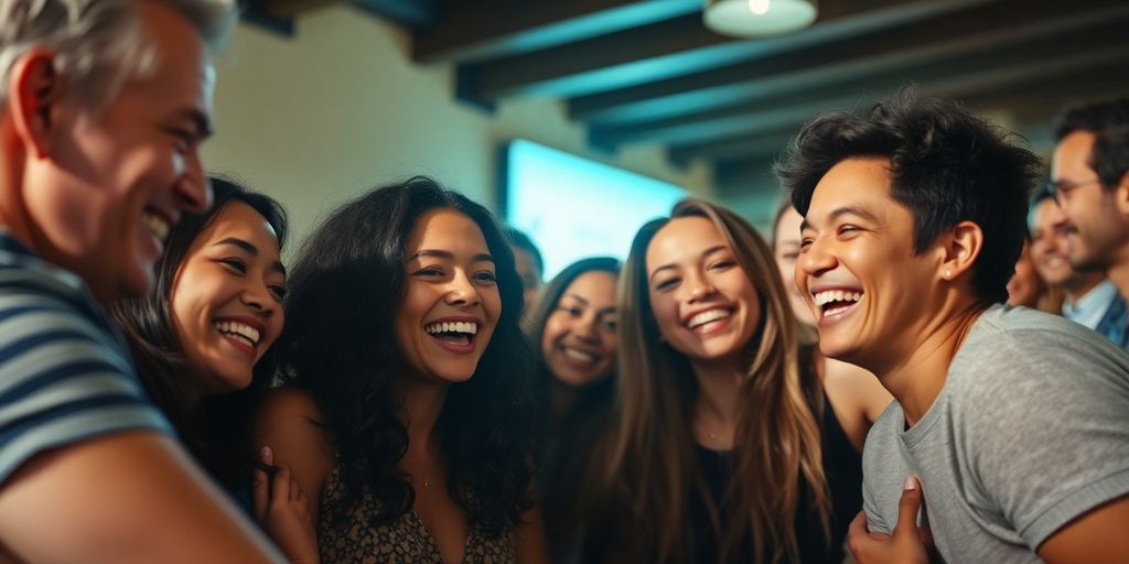 Diverse group of people embracing and smiling.