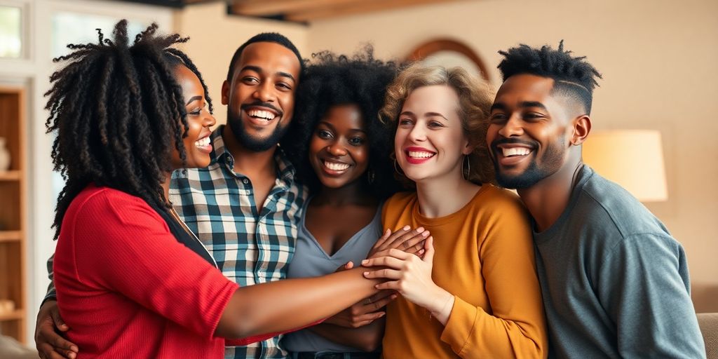 Diverse group of people embracing each other joyfully.