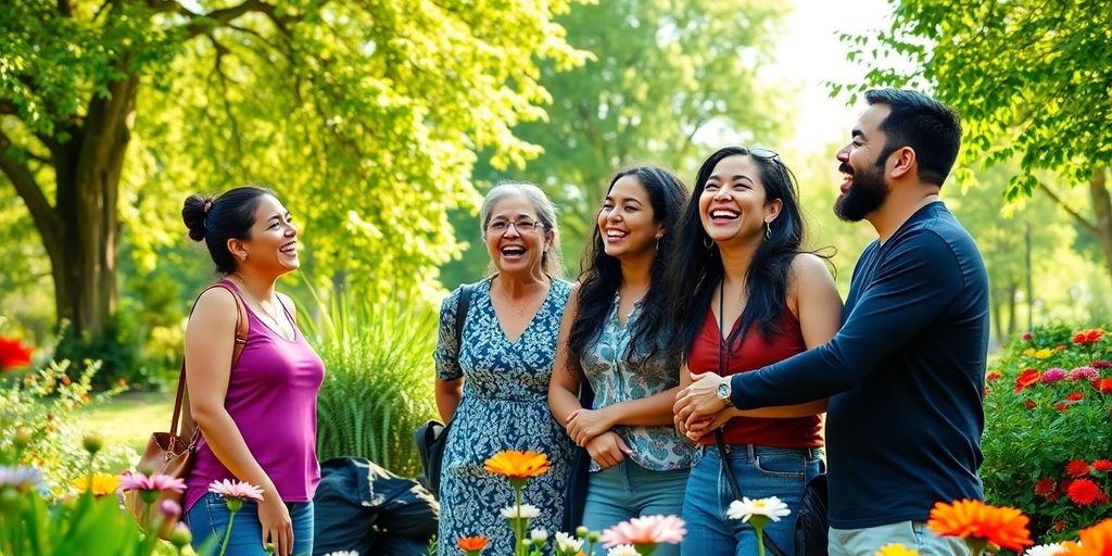 Diverse group of people embracing in a vibrant, sunlit park.
