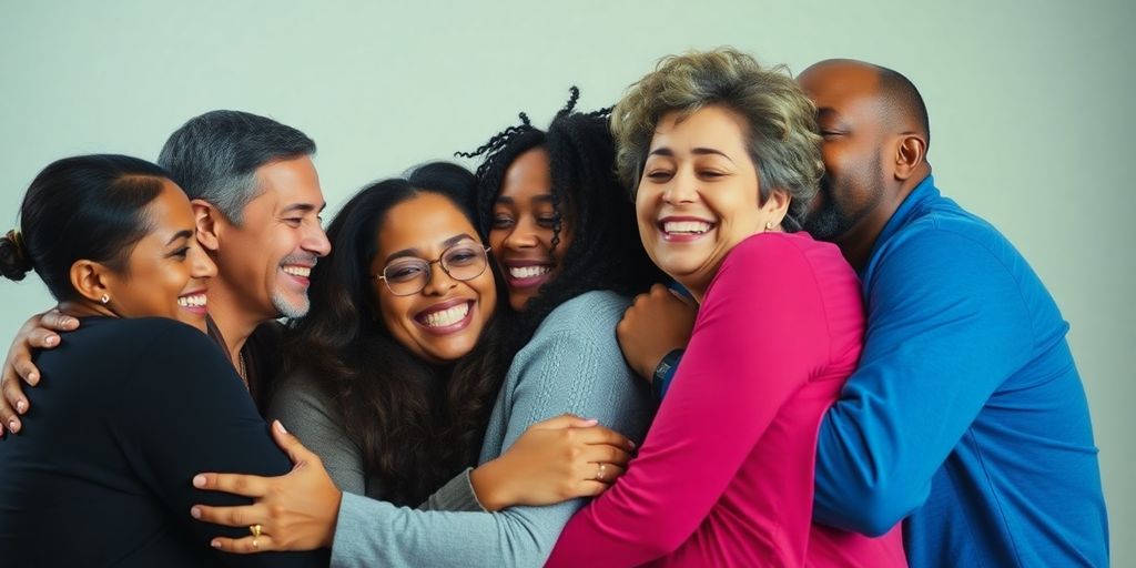 Diverse group of people embracing, reflecting love and connection.