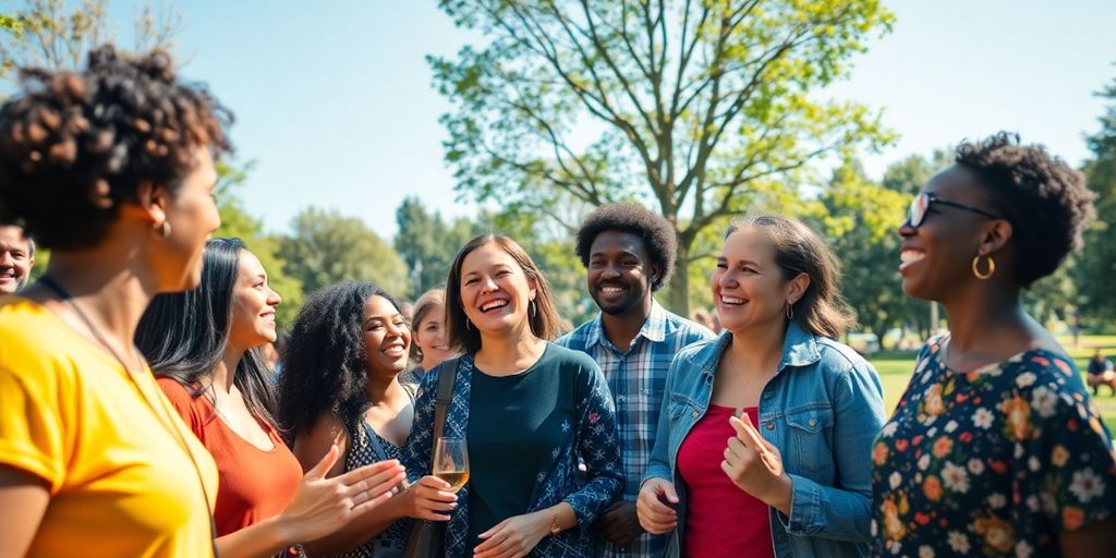 Diverse group of people enjoying community outdoors.