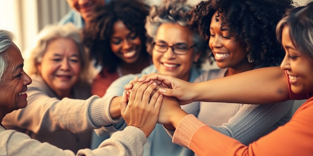 Diverse group of people holding hands.