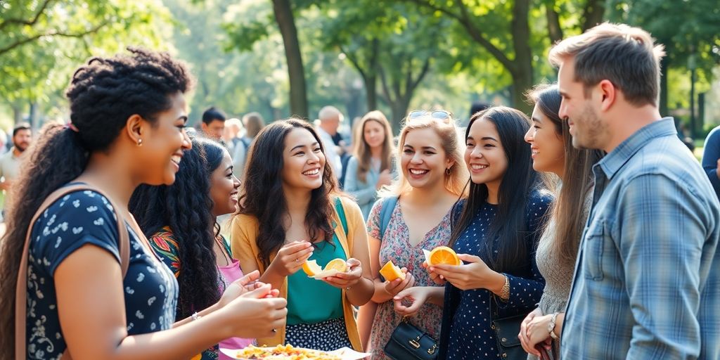 Diverse group of people in a park sharing a meal.