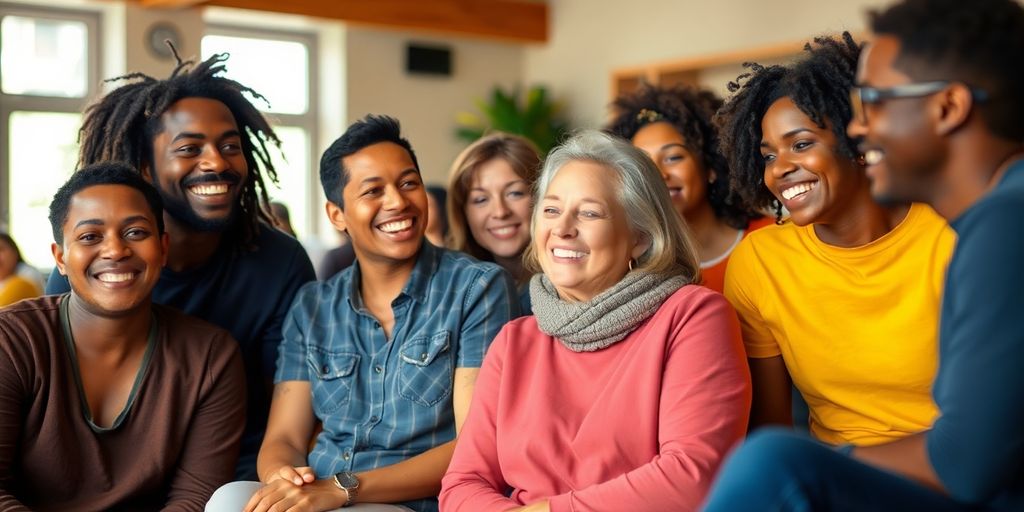 Diverse group of people in harmonious interaction.