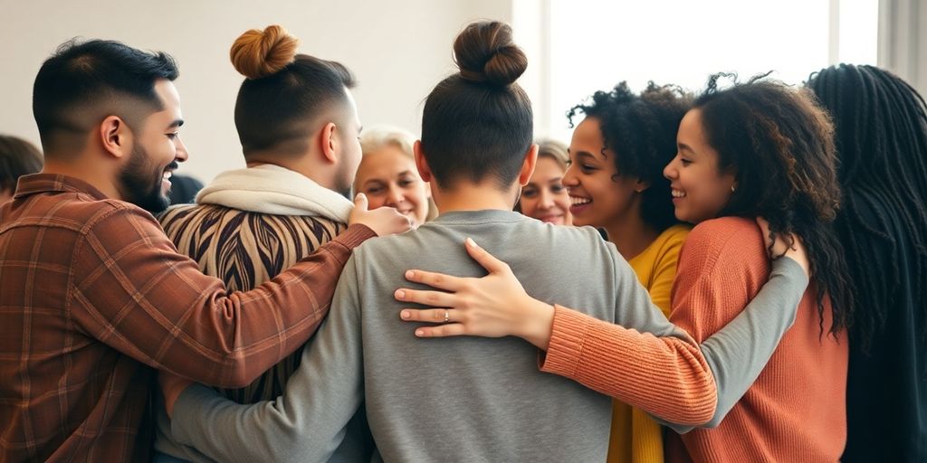 Diverse group of people in warm, connected embrace.