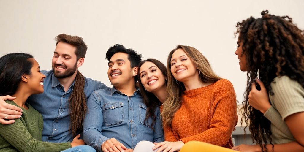 Diverse group of people in warm, connected poses.