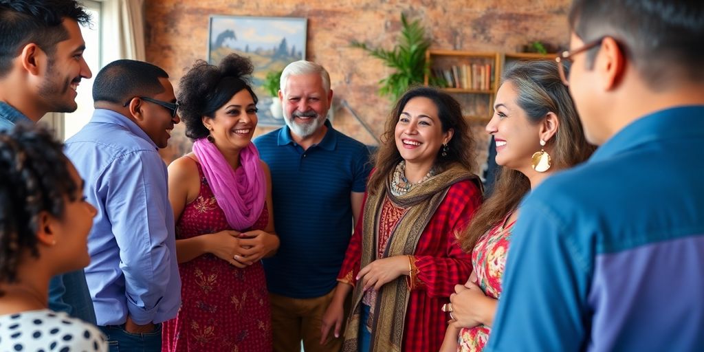 Diverse group of people interacting joyfully.