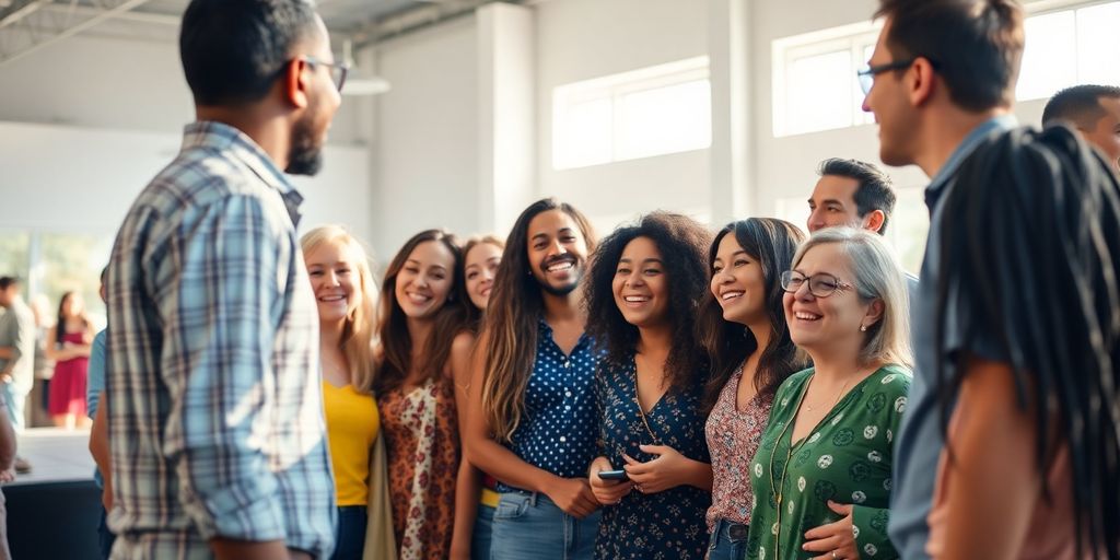 Diverse group of people sharing a connected, open space.