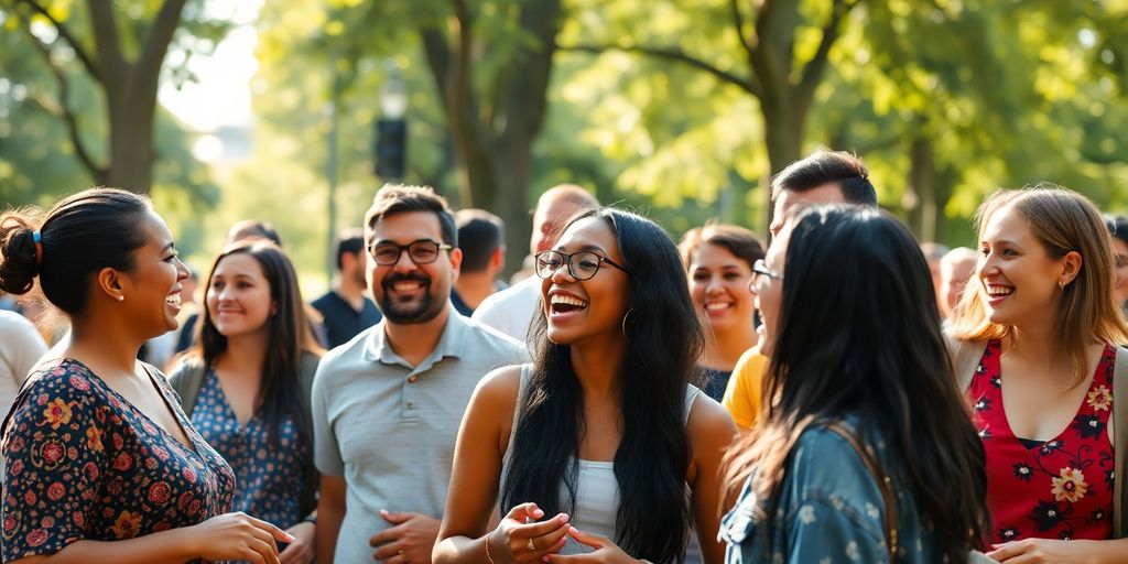 Diverse group of people smiling and interacting warmly outdoors.