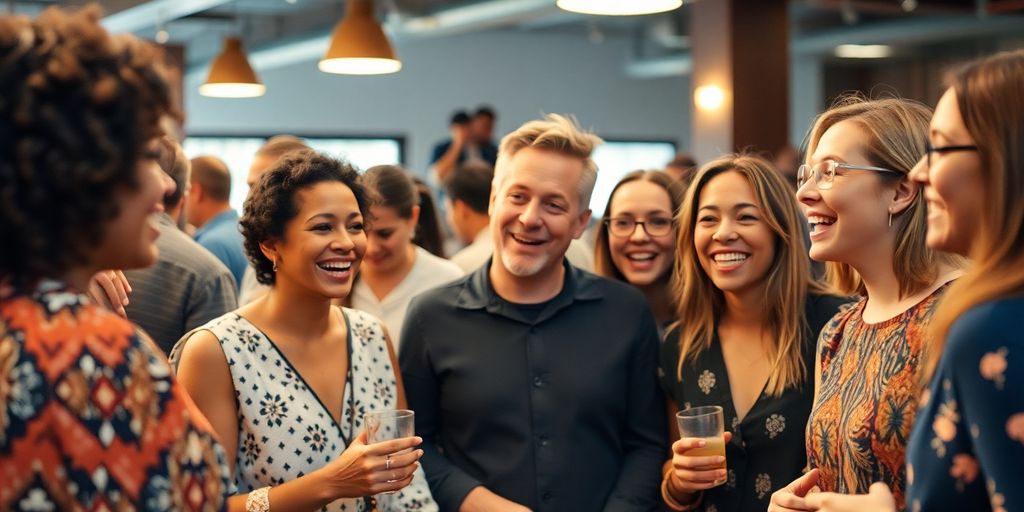 Diverse group of smiling people sharing a meal.