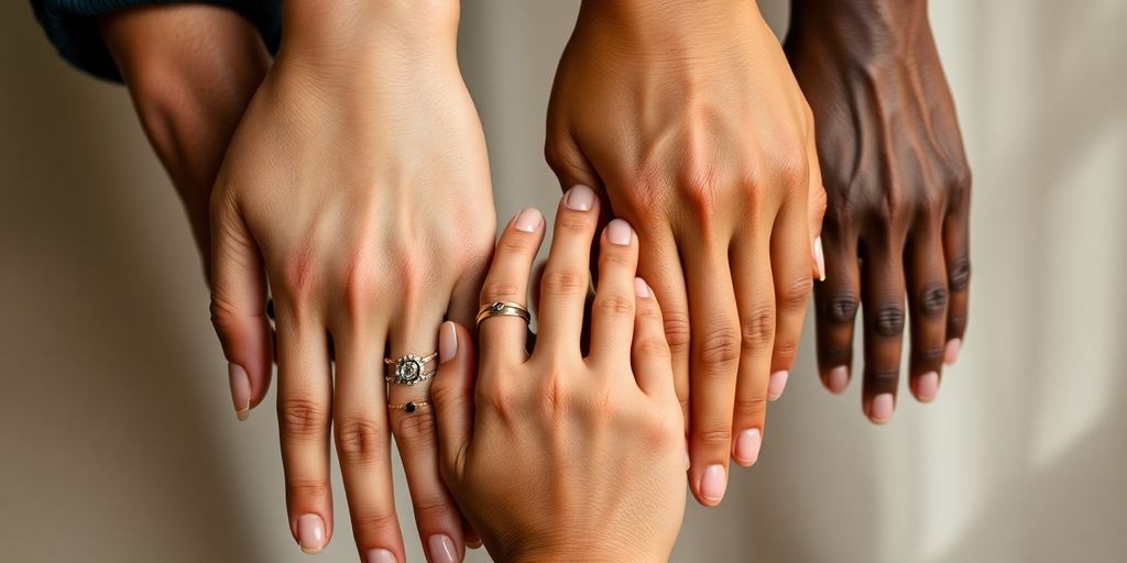 Diverse hands intertwined, symbolizing connection and inclusivity.