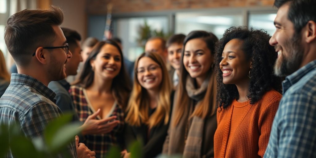 Diverse individuals connecting in a warm, inviting social gathering.