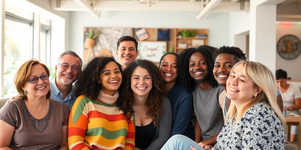 Diverse individuals connecting in a welcoming, vibrant community space.