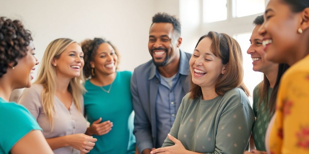 Diverse individuals interacting in a vibrant, accepting community.