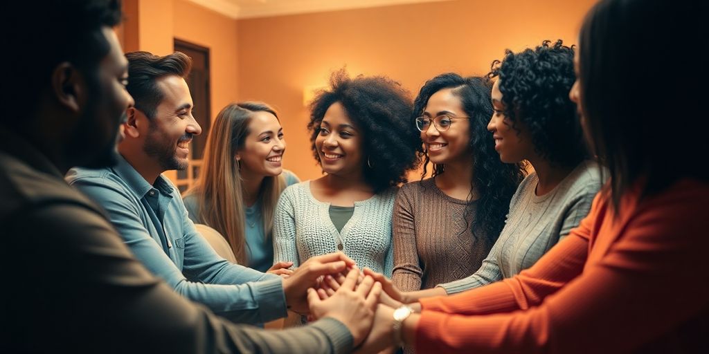 Diverse individuals sharing a serene, interconnected moment.