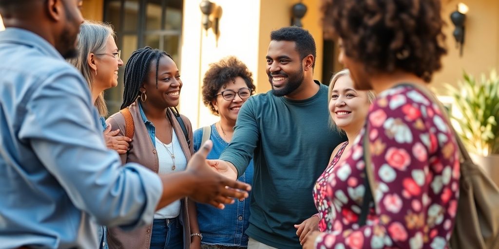 Diverse people connecting in a vibrant, inclusive social gathering.