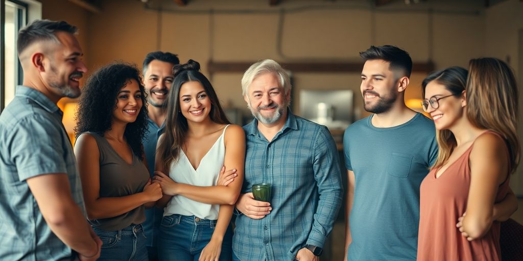 Diverse people connecting in a warm, inviting space.