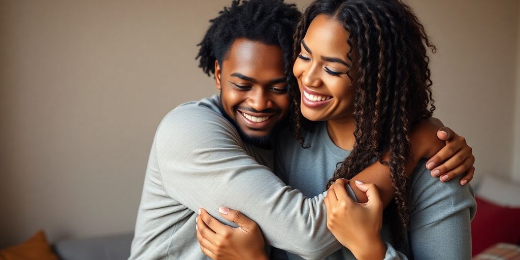 Diverse polyamorous couple embracing warmly.