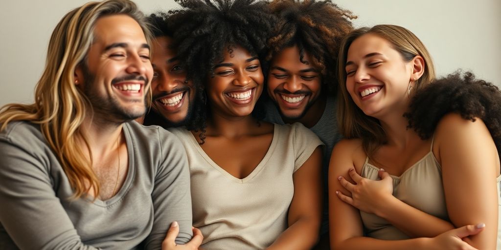 Diverse polyamorous couple embracing with joy.
