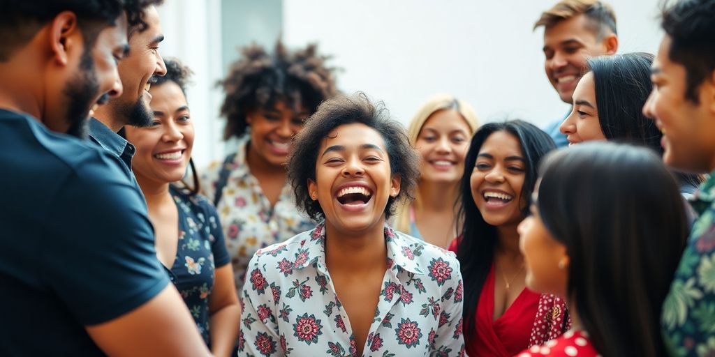 Extrovert smiling in a group of happy people.