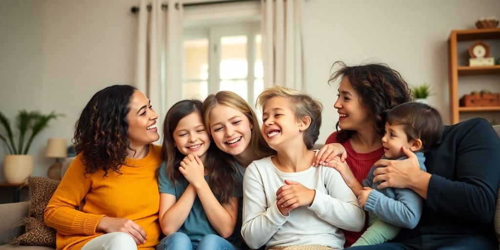 Family hugging, diverse parents, children playing happily.