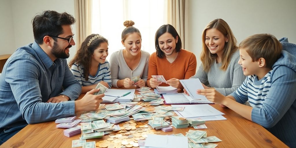 Family managing finances together.