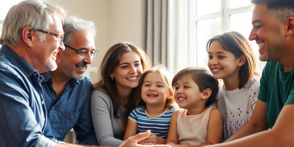 Family members talking openly and cheerfully.