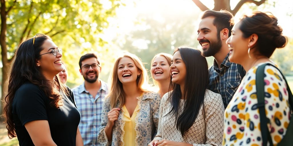 Group of diverse, smiling people in a park.